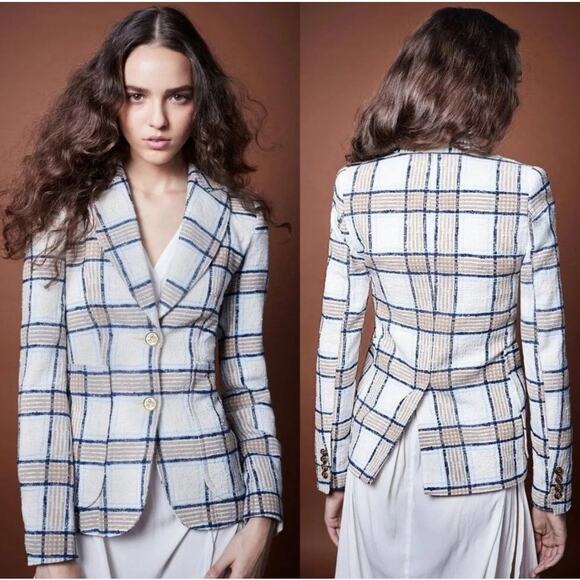 Smythe Portrait Neck Chesterfield Plaid Blazer Sz 8 Check White Brown Blue $695